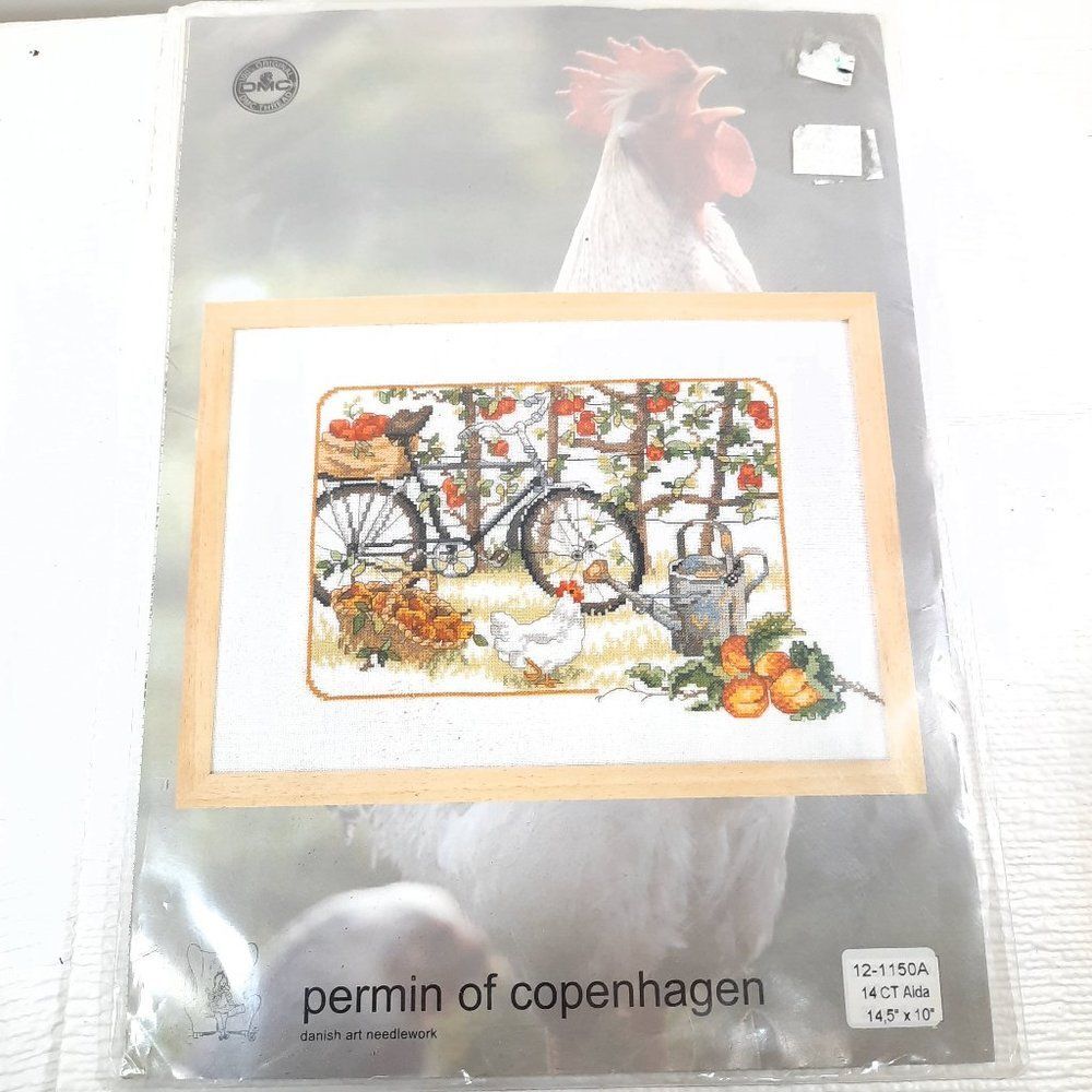 Permin of Copenhagen needlework cross stitch kit farm chicken hen bike 12-1150a - Picture 1 of 4
